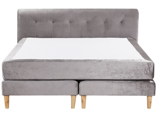 Kontinentalseng i Grå Velour med Træben 160 x 200 cm med Madras og Quiltet Sengegavl Moderne Design