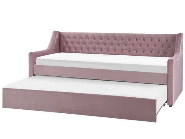 Sohvasänky vaaleanpunainen 90 x 200 cm samettiverhoilu ulosvedettävä lisävuode sälepohja tikattu