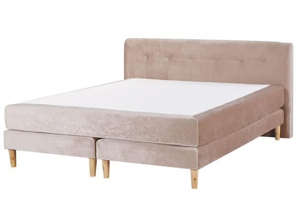 Dubbelsäng Beige Sammet 160 x 200 cm med Madrass Stoppad Huvudgavel Träben