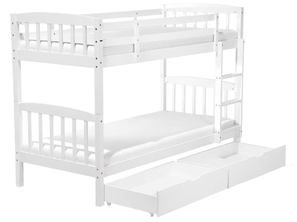 Køjeseng Hvid Fyrretræ 90 x 200 cm Højseng med Stige og Opbevaring Skuffer Børneværelse Juniorseng Skandinavisk Design Inspiration Sengeramme