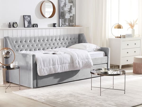 Sovesofa Grå Velour 90 x 200 cm Dekorativ Sofaseng Tuftet Quiltet Ryglæn med Knapper Udtræksseng Design til Pigeværelse Inspiration