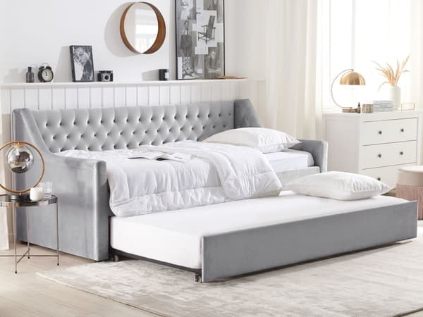 Sovesofa Grå Velour 90 x 200 cm Dekorativ Sofaseng Tuftet Quiltet Ryglæn med Knapper Udtræksseng Design til Pigeværelse Inspiration