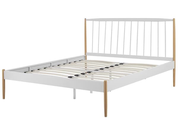 Dobbeltseng Hvid Metal Lyse Træben 140 x 200 cm Tre Kvart Metalseng med Ramme Sengegavl Skandinavisk Retro Kvalitetsseng til Teenageværelse