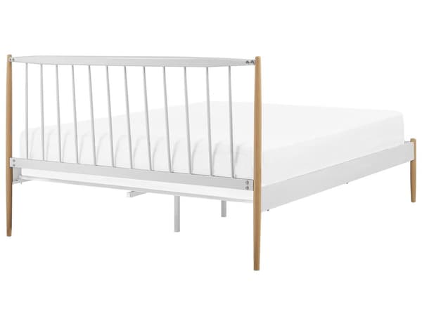 Dobbeltseng Hvid Metal Lyse Træben 140 x 200 cm Tre Kvart Metalseng med Ramme Sengegavl Skandinavisk Retro Kvalitetsseng til Teenageværelse