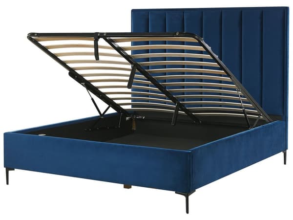 Sänky sininen sametti kangas 140 x 200 cm metallijalat nostettava säilytystila