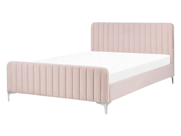 Parisänky pastellipinkki sametti verhoiltu metallijalat 140 x 200 cm sälepohjalla tikatut päädyt moderni tyyli