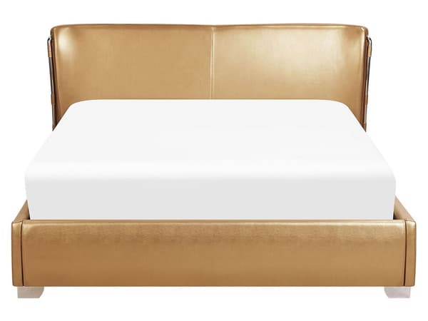 Dobbeltseng Guld Læder 160 x 200 cm Tyk Polstret To Mands Seng Lav Sengeramme med Høj Sengegavl Moderne LED lys Glamour Design Soveværelse