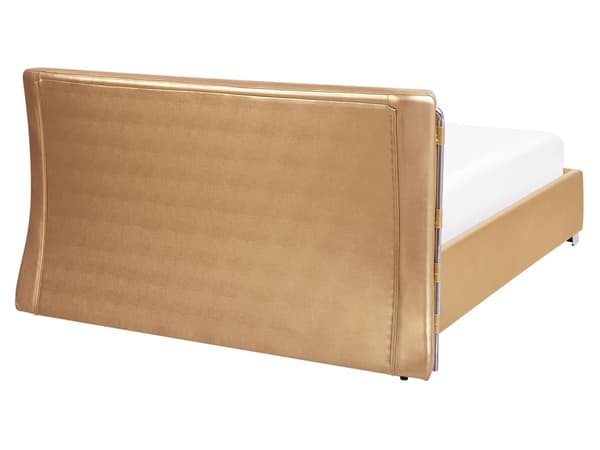 Dobbeltseng Guld Læder 160 x 200 cm Tyk Polstret To Mands Seng Lav Sengeramme med Høj Sengegavl Moderne LED lys Glamour Design Soveværelse