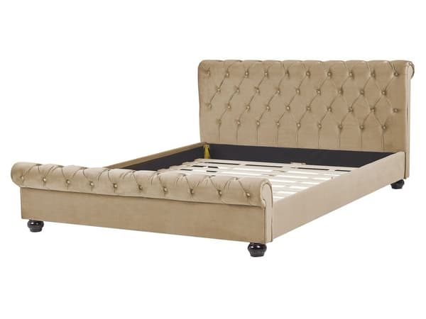 Seng med Beige Velourramme 160 x 200 cm med Quiltet Sengegavl Glamourstil