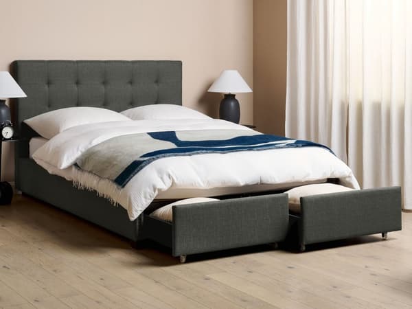 Seng Mørkegrå Polyester 140 x 200 cm Moderne Blød Polstret Trekvart Seng Opbevaring Skuffer Under Tuftet Sengegavl Soveværelse Kvalitetsseng