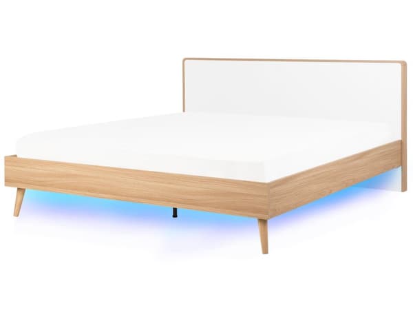 Seng hvid lyst træ 180 x 200 cm med LED-ramme stel og sengegavl skandinavisk minimalistisk design