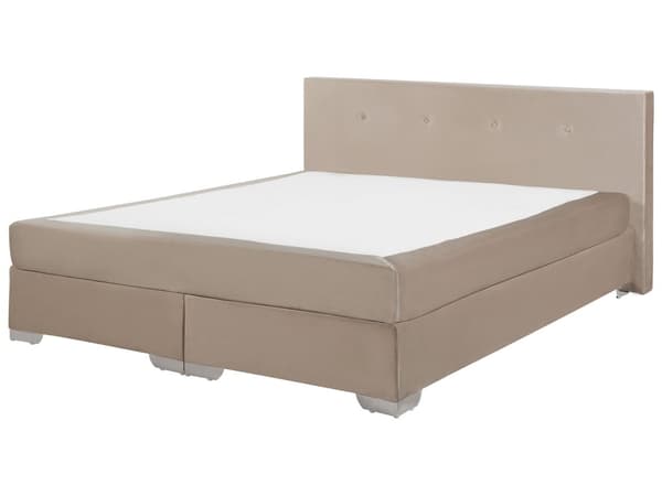 Kontinentalseng Beige Polstret med Sølv Metalben 180 x 200 cm 2 Personers God Dobbeltseng Boxmadras Lav Sengegavl Soveværelse Indretning Dekor