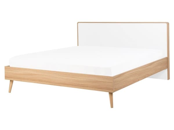 Seng hvid lyst træ 160 x 200 cm med LED-ramme stel og sengegavl skandinavisk minimalistisk design