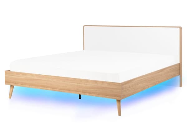 Seng hvid lyst træ 160 x 200 cm med LED-ramme stel og sengegavl skandinavisk minimalistisk design