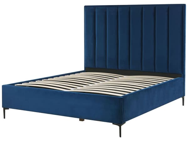 Blå velourseng 140 x 200 cm betrukket med beholder dekorativ sengegavl metalstel sorte ben