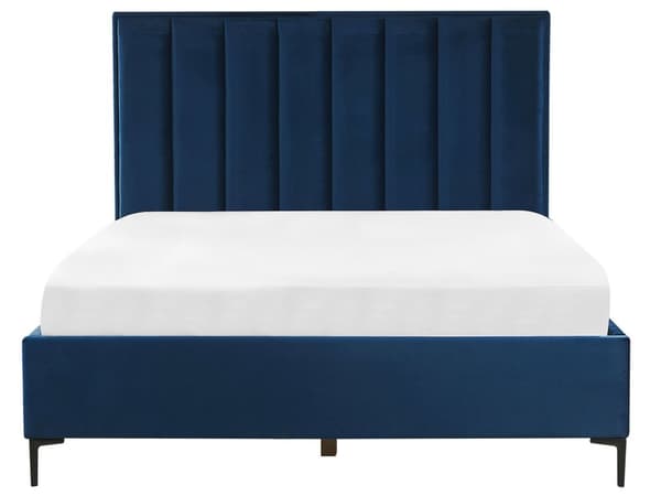 Blå velourseng 140 x 200 cm betrukket med beholder dekorativ sengegavl metalstel sorte ben