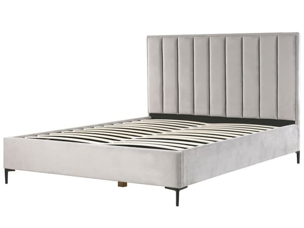 Grå velourseng 180 x 200 cm betrukket med beholder dekorativ sengegavl metalstel sorte ben