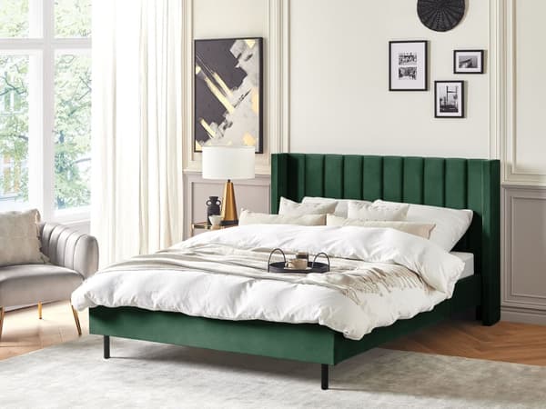Grøn velour dobbeltseng 160 x 200 cm med retro nakkestøtteramme