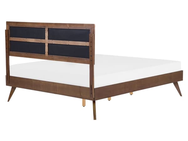 Seng Mørkt Træ Grå Polyester 160 x 200 cm Dobbeltseng med Høj Sengegavl Rustikt Design Soveværelse Træseng med Koniske Ben Inspiration