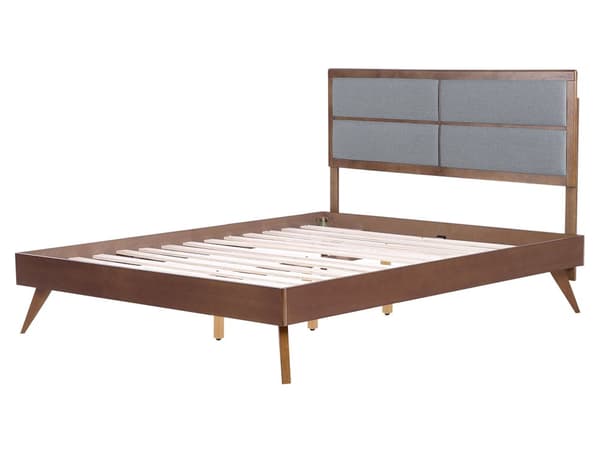 Seng Mørkt Træ Grå Polyester 160 x 200 cm Dobbeltseng med Høj Sengegavl Rustikt Design Soveværelse Træseng med Koniske Ben Inspiration