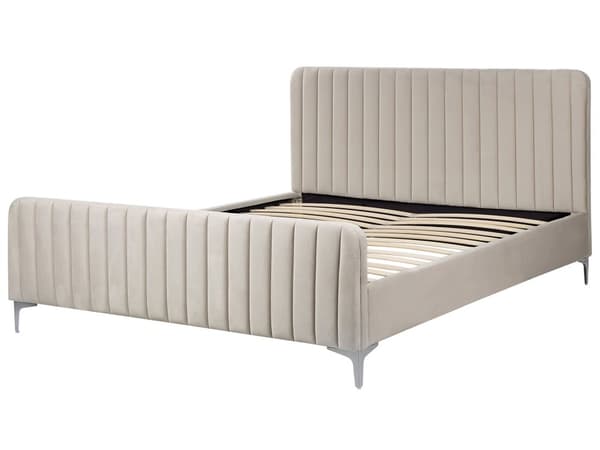 Beige grå velourpolstret seng 160 x 200 cm quiltet hovedgærde metalben moderne design