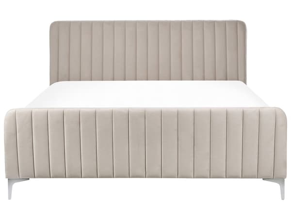 Beige grå velourpolstret seng 160 x 200 cm quiltet hovedgærde metalben moderne design