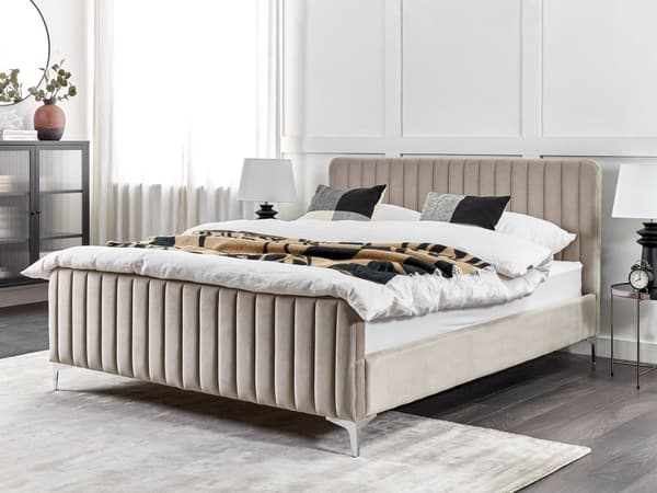 Beige grå velourpolstret seng 160 x 200 cm quiltet hovedgærde metalben moderne design