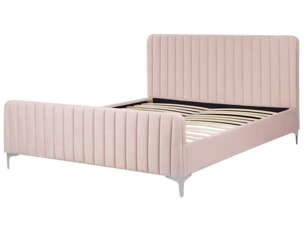 Lyserød velourpolstret seng 160 x 200 cm quiltet hovedgærde metalben moderne design