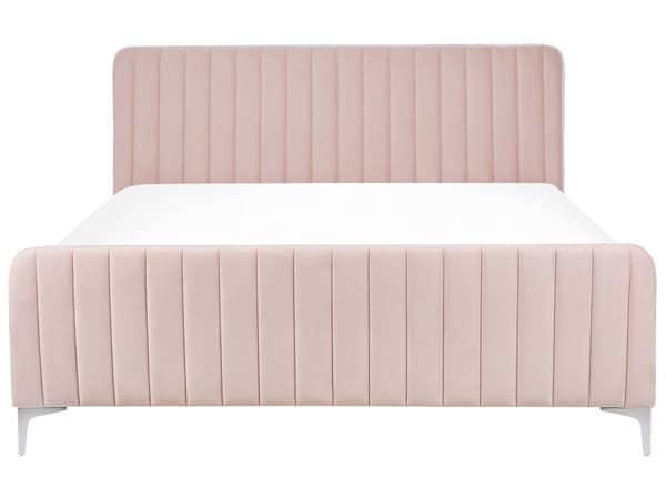 Lyserød velourpolstret seng 160 x 200 cm quiltet hovedgærde metalben moderne design