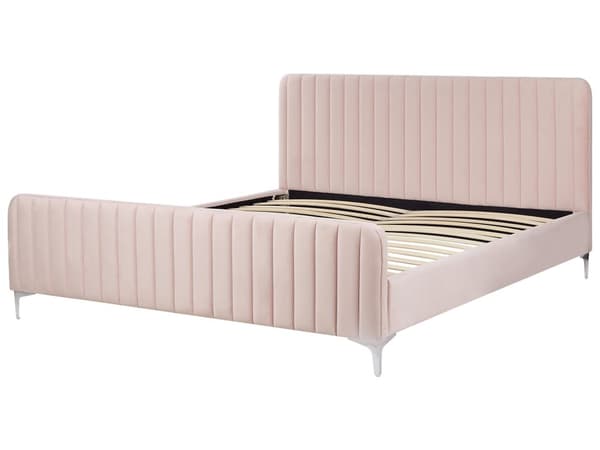 Lyserød velourpolstret seng 180 x 200 cm quiltet hovedgærde metalben moderne design