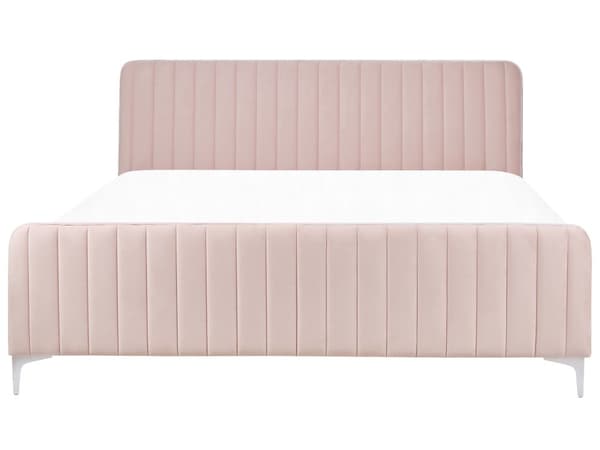 Lyserød velourpolstret seng 180 x 200 cm quiltet hovedgærde metalben moderne design
