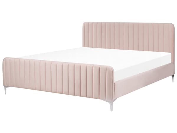 Lyserød velourpolstret seng 180 x 200 cm quiltet hovedgærde metalben moderne design
