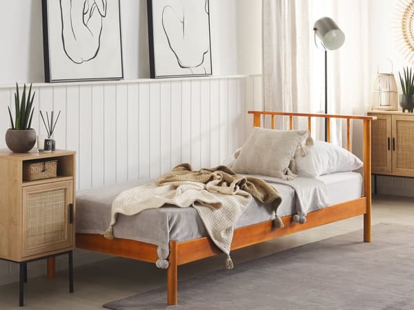 Seng Lyst fyrretræ 90 x 200 cm med Sengegavl Lamelramme til to personer Minimalistisk Dobbeltseng Rustik Soveværelse Indretning