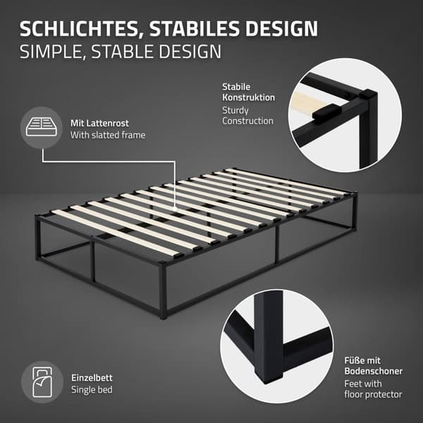 ML Design Metalbädd 120x200cm på stålram med slattram, svart, sängram av metall, robust, ljusmontering, säng för barns sovrum tonåringar vuxna
