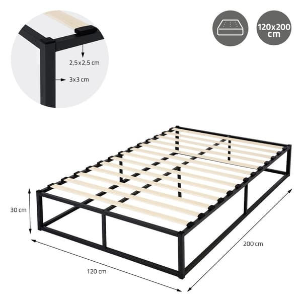 ML Design Metalbädd 120x200cm på stålram med slattram, svart, sängram av metall, robust, ljusmontering, säng för barns sovrum tonåringar vuxna