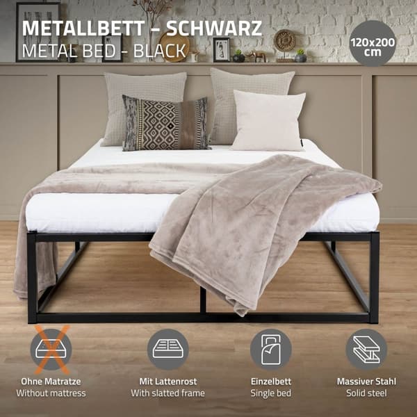 ML Design Metalbädd 120x200cm på stålram med slattram, svart, sängram av metall, robust, ljusmontering, säng för barns sovrum tonåringar vuxna