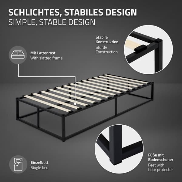 ML Design metal seng 90x200cm på stålramme med slattedramme, sort, sengelamme lavet af metal, robust, lysmontering, seng til børns soveværelse