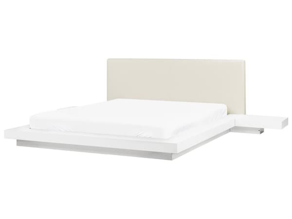 Vattensäng med Sängbord Konstläder Vit 160 x 200 cm King Size Låg Profil Japandi Sovrum