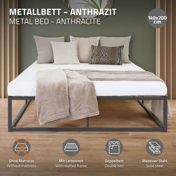 ML Design Metal Bed 140x200cm teräsrunko, jossa on slotted runko, antrasiitti, metallinen sänky runko, tukeva, kevyt asennus