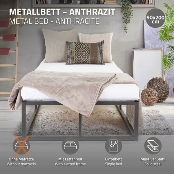 ML Design metallbädd 90x200cm på stålram med slattram, antracit, metallbäddsram, robust, ljusmontering, säng för barns sovrum tonåringar vuxna