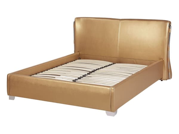 Seng Guld Læder 140 x 200 cm Tyk Polstret Halvanden Mands Tre Kvart Seng Lav Sengeramme med Høj Sengegavl Moderne Glamour Design Soveværelse