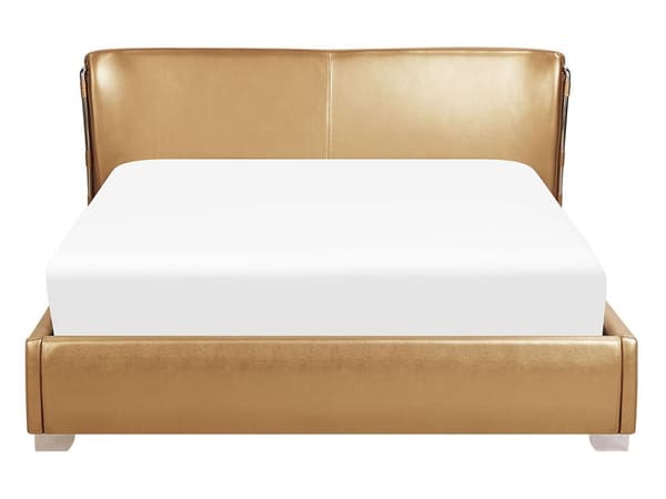 Seng Guld Læder 140 x 200 cm Tyk Polstret Halvanden Mands Tre Kvart Seng Lav Sengeramme med Høj Sengegavl Moderne Glamour Design Soveværelse