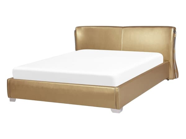 Seng Guld Læder 140 x 200 cm Tyk Polstret Halvanden Mands Tre Kvart Seng Lav Sengeramme med Høj Sengegavl Moderne Glamour Design Soveværelse