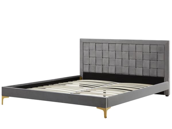 Velourseng Grå Polstret Guld Metalben 180 x 200 cm Dekorativ Dobbeltseng med Flet Origami Sengegavl Moderne Glamour Soveværelse Indretning