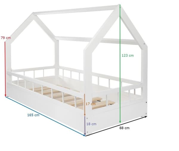Trä barnsäng - vit - 160x80 cm - med barriär