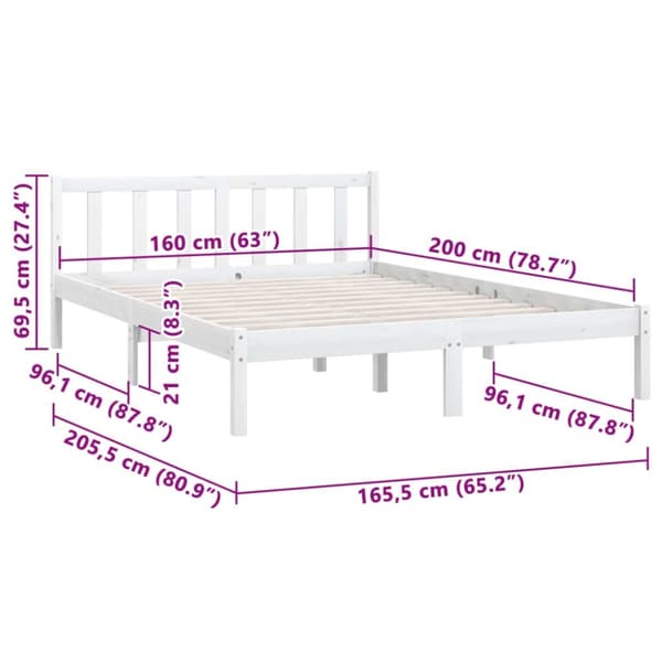 vidaXL Sengeramme hvit heltre furu 160x200 cm