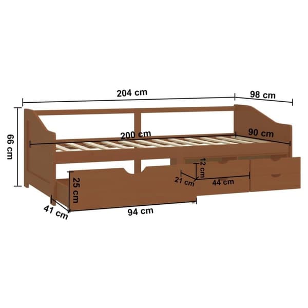 vidaXL Päivävuode 3-istuttava laatikoilla hunajanrusk. mänty 90x200 cm