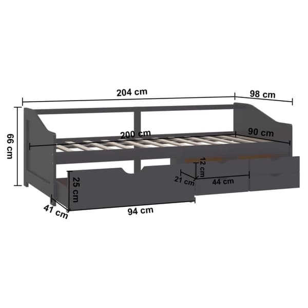 vidaXL Päivävuode 3-istuttava laatikoilla harmaa täysi mänty 90x200 cm