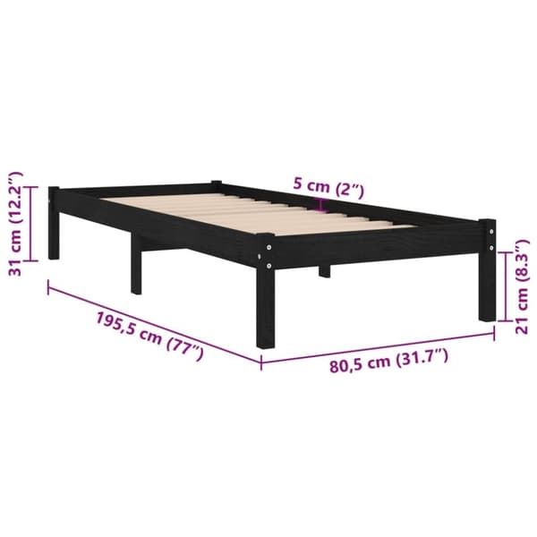 vidaXL Sängram svart massiv furu 75x190 cm