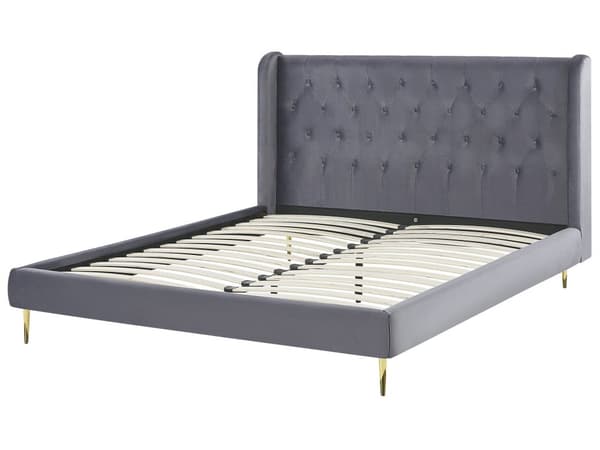 Harmaa samettinen sänky 160 x 200 cm sängynpääty kultaiset jalat moderni muotoilu